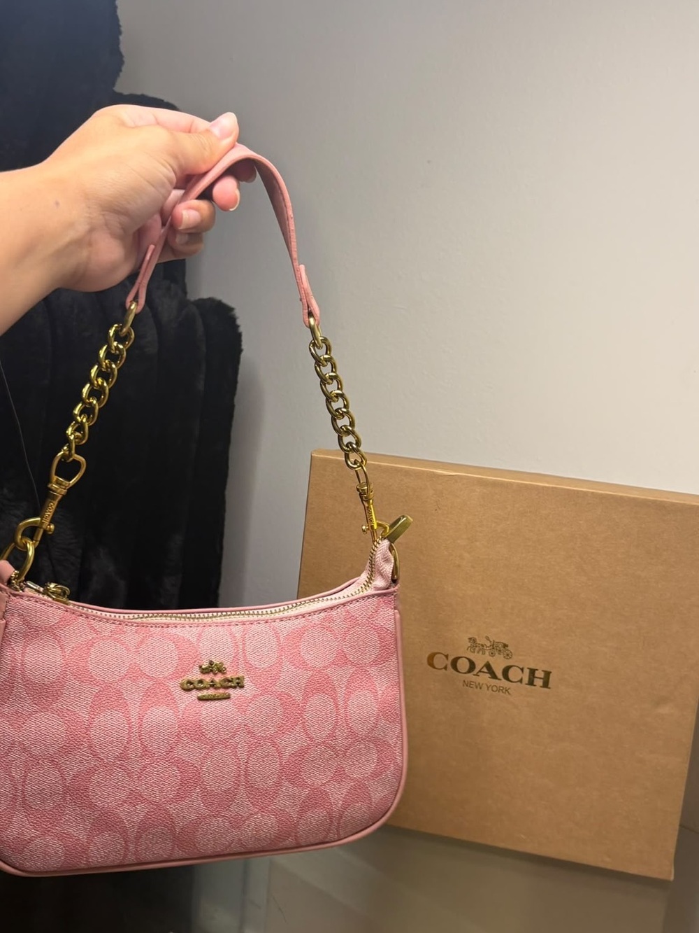 Coach Pink Signature Logo Shoulder Bag with Gold Chain